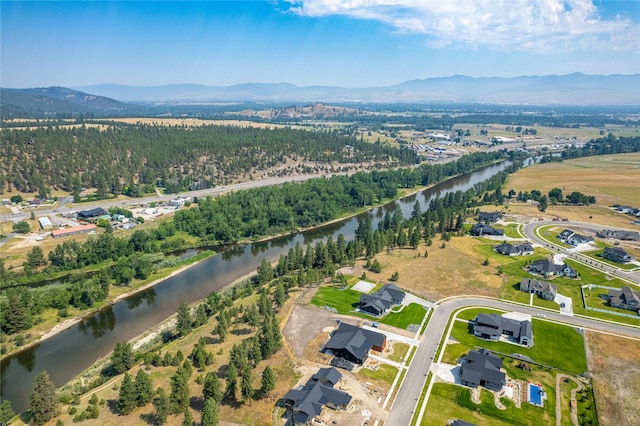 birds eye view of property featuring a water and mountain view