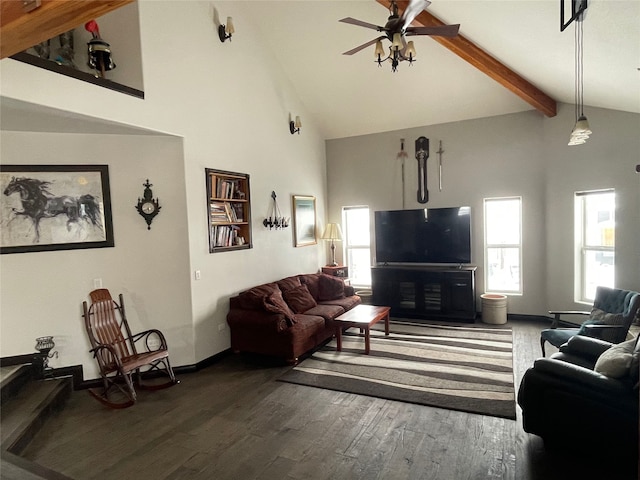 living room featuring dark hardwood / wood-style floors, high vaulted ceiling, ceiling fan, and beamed ceiling