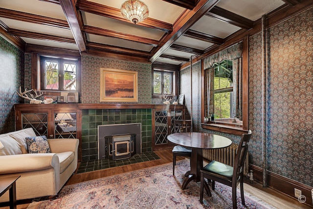 interior space with a healthy amount of sunlight, a wood stove, hardwood / wood-style flooring, and coffered ceiling