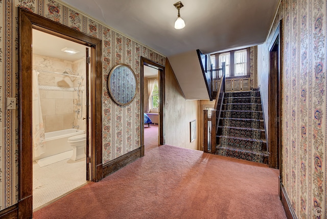 stairs with plenty of natural light and carpet