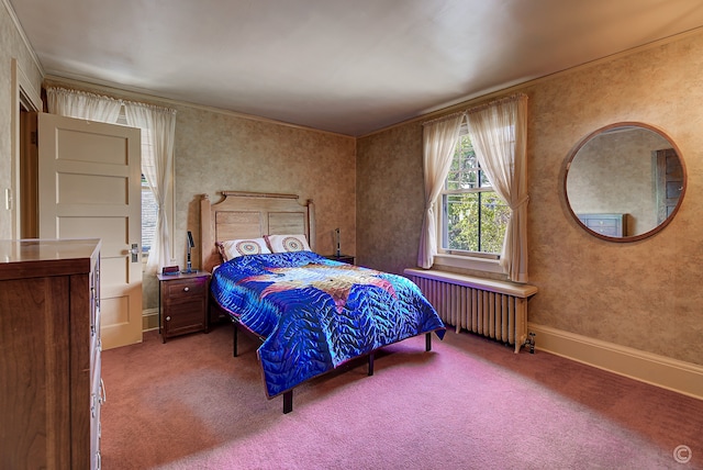 bedroom featuring carpet floors and radiator heating unit