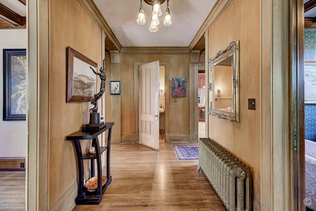 hall with a chandelier, crown molding, wood-type flooring, and radiator heating unit