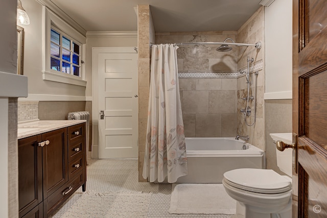 full bathroom with shower / tub combo, radiator, toilet, vanity, and tile floors