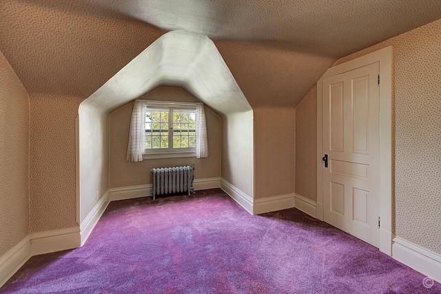 additional living space with carpet floors, a textured ceiling, radiator, and vaulted ceiling