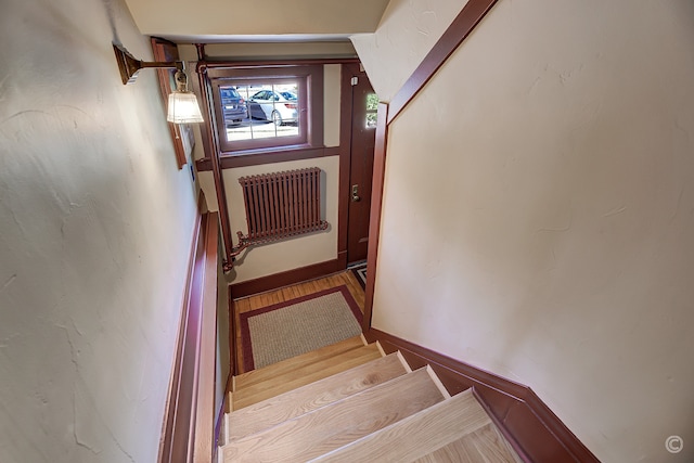 stairs with hardwood / wood-style flooring and radiator