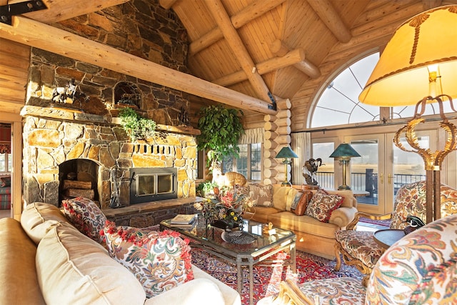 living room with log walls, beam ceiling, a healthy amount of sunlight, and a fireplace