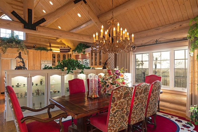 dining area with a notable chandelier, wood-type flooring, log walls, wooden ceiling, and lofted ceiling with beams