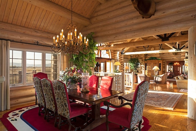 55263 Logan Rd, Charlo, MT 59824 - dining space with log walls, wood finished floors, wood ceiling with exposed beams, a chandelier, and plenty of natural light