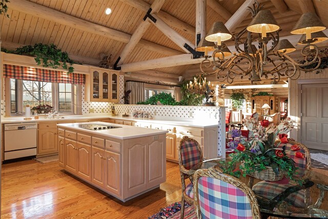 kitchen featuring light hardwood / wood-style floors, a chandelier, dishwasher, wood ceiling, and a kitchen island