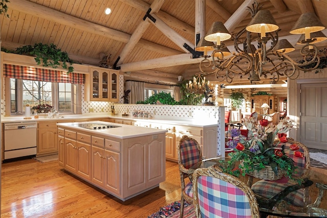 55263 Logan Rd, Charlo, MT 59824 - kitchen with white dishwasher, wood ceiling with exposed beams, light countertops, a chandelier, and light wood-type flooring