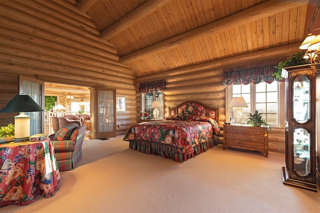 carpeted bedroom with log walls, wooden ceiling, and lofted ceiling with beams