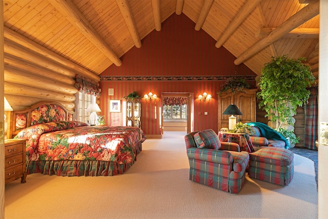 carpeted bedroom featuring rustic walls, wood ceiling, high vaulted ceiling, and beamed ceiling