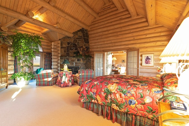 carpeted bedroom with wooden ceiling, rustic walls, high vaulted ceiling, beam ceiling, and a stone fireplace