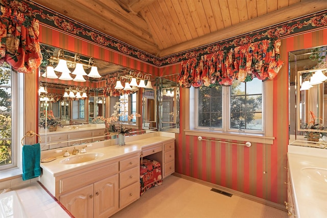 bathroom with large vanity and wooden ceiling