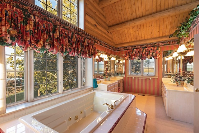 55263 Logan Rd, Charlo, MT 59824 - bathroom featuring wood ceiling, a jetted tub, and vanity