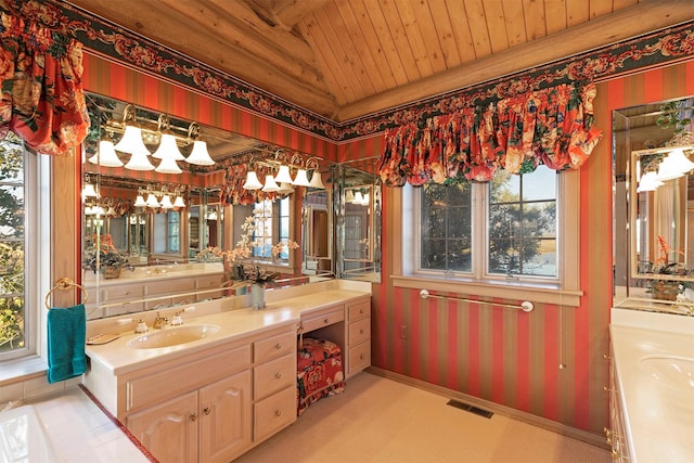 55263 Logan Rd, Charlo, MT 59824 - bathroom featuring wood ceiling, wallpapered walls, vanity, and baseboards