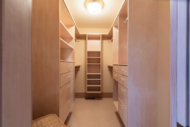 walk in closet featuring light colored carpet