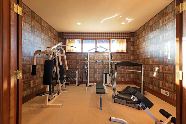 55263 Logan Rd, Charlo, MT 59824 - exercise area with wallpapered walls, carpet flooring, and recessed lighting