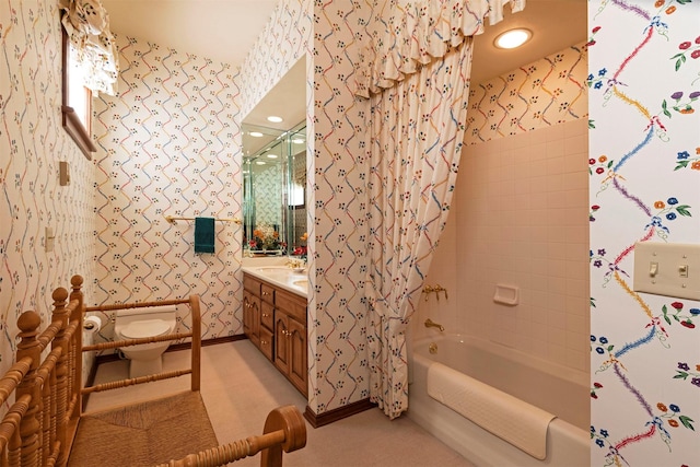 55263 Logan Rd, Charlo, MT 59824 - bathroom featuring toilet, shower / bath combo, wallpapered walls, and vanity