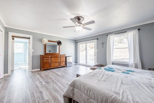 bedroom with crown molding, access to outside, ceiling fan, and light hardwood / wood-style floors