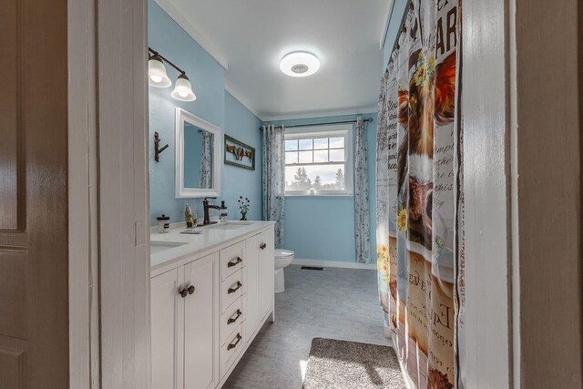 bathroom with toilet and double sink vanity