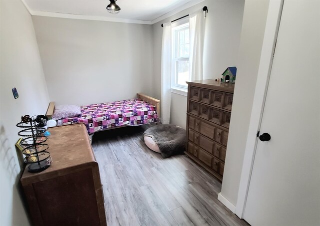 bedroom featuring crown molding and hardwood / wood-style floors