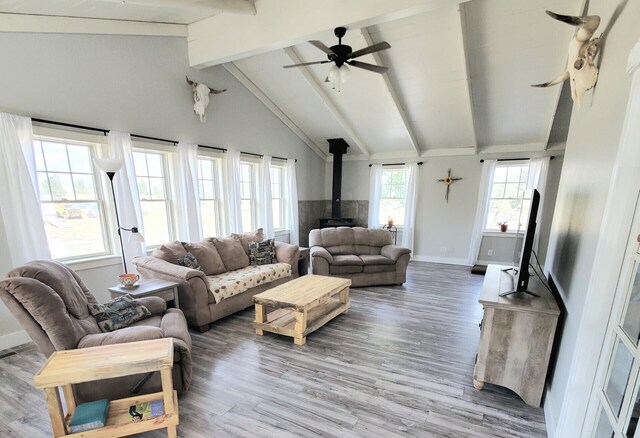 living room with hardwood / wood-style flooring, beam ceiling, and a wood stove