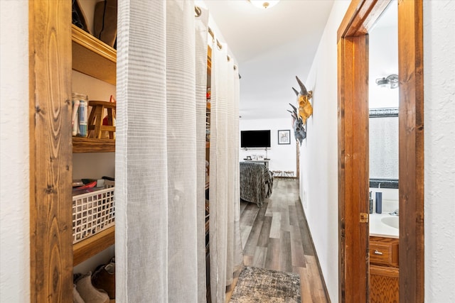 hallway with dark wood-type flooring