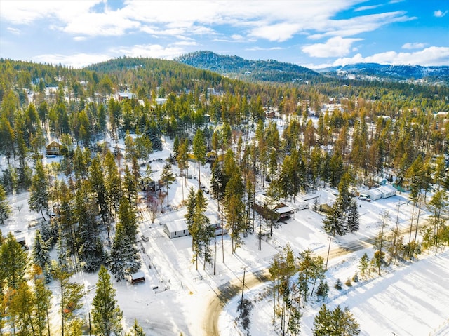 snowy aerial view with a mountain view