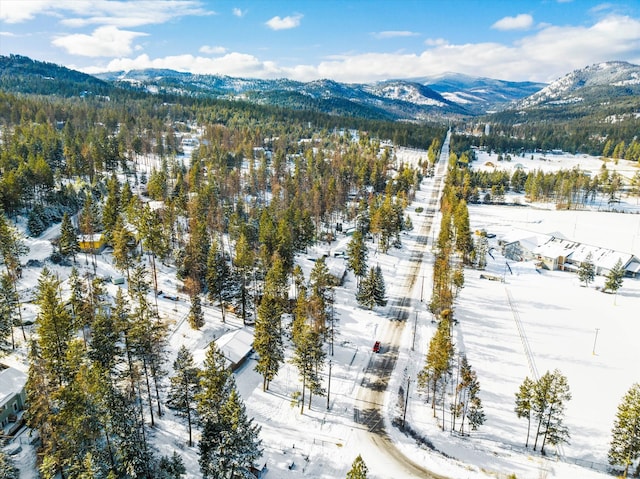 snowy aerial view with a mountain view