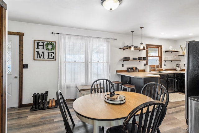 dining room featuring hardwood / wood-style floors and sink