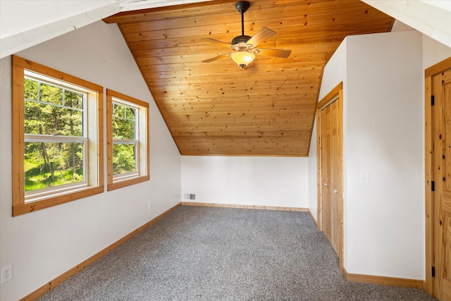 bonus room featuring carpet flooring, lofted ceiling, and wooden ceiling