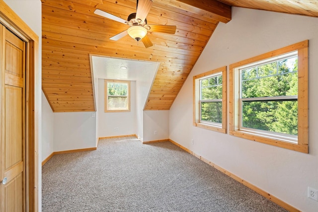 bonus room with carpet flooring, vaulted ceiling with beams, ceiling fan, and wood ceiling