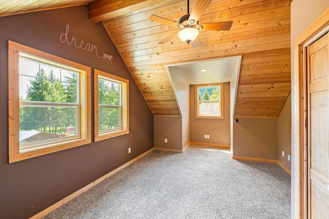 additional living space featuring ceiling fan, lofted ceiling, carpet floors, and wood ceiling