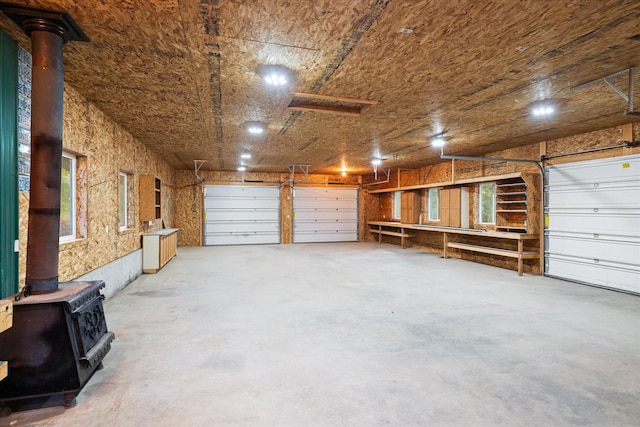 garage with a wood stove