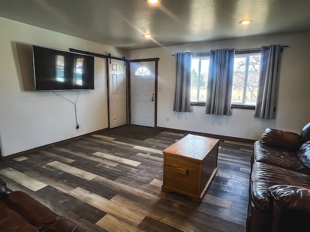 living room with dark hardwood / wood-style floors and a barn door