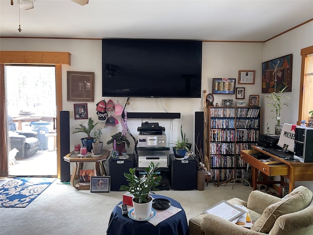 living room featuring ceiling fan, crown molding, and light colored carpet