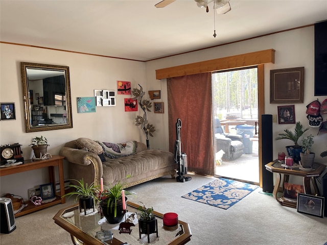 living room featuring ceiling fan and light carpet