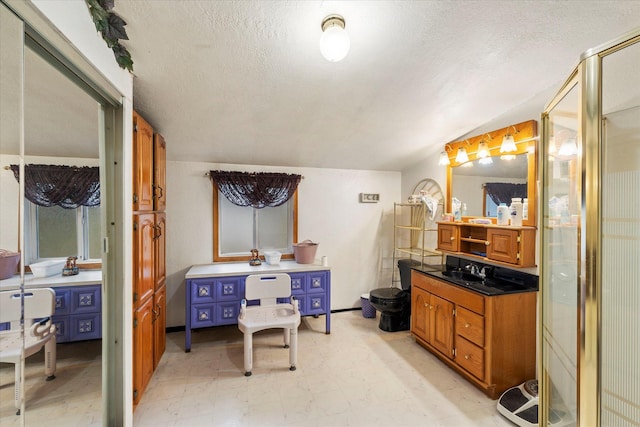 bathroom featuring vanity, a shower with shower door, and a textured ceiling