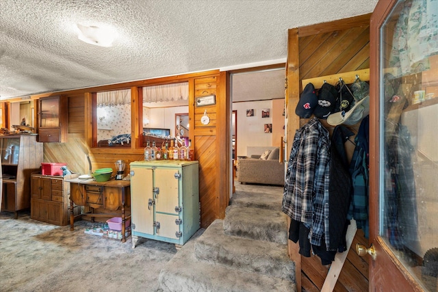 interior space with carpet floors and wooden walls