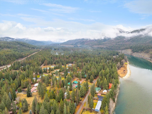 birds eye view of property featuring a water and mountain view