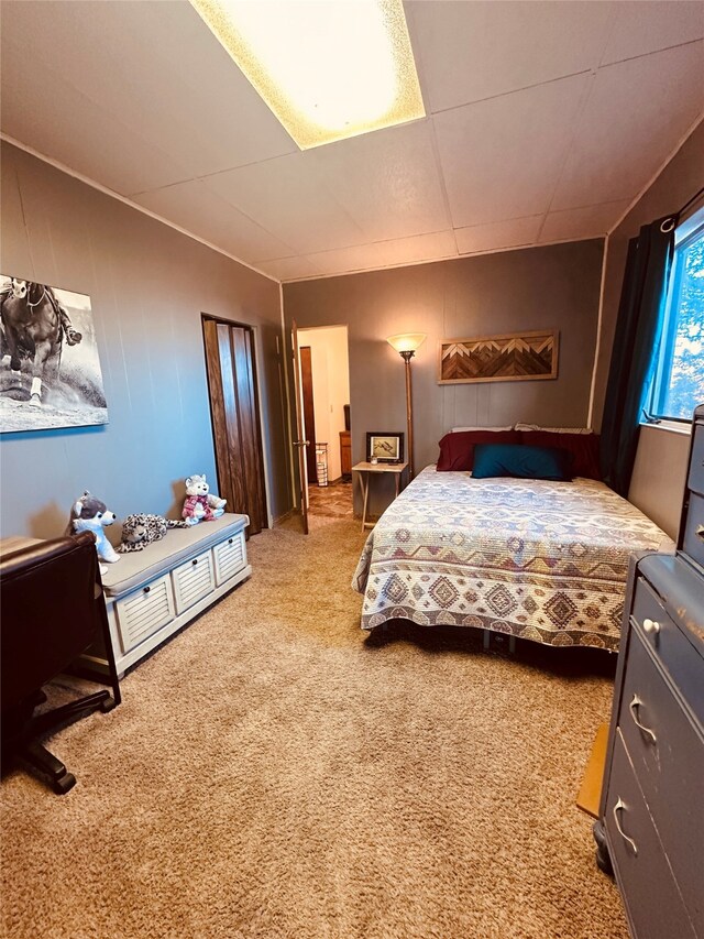 bedroom featuring a paneled ceiling and light carpet