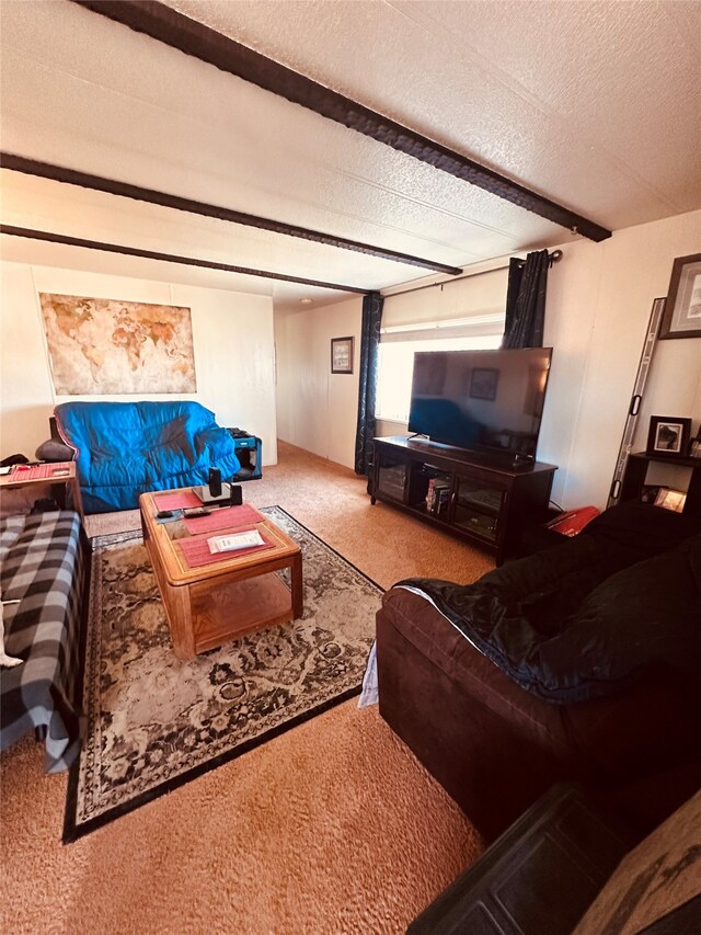 carpeted living room featuring a textured ceiling