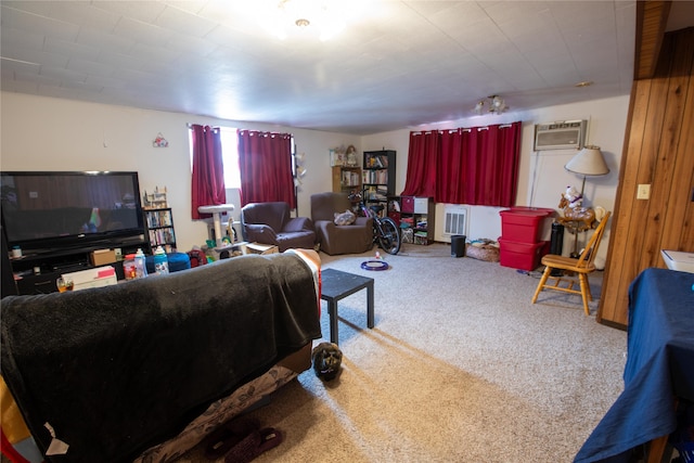 carpeted living room with a wall mounted AC