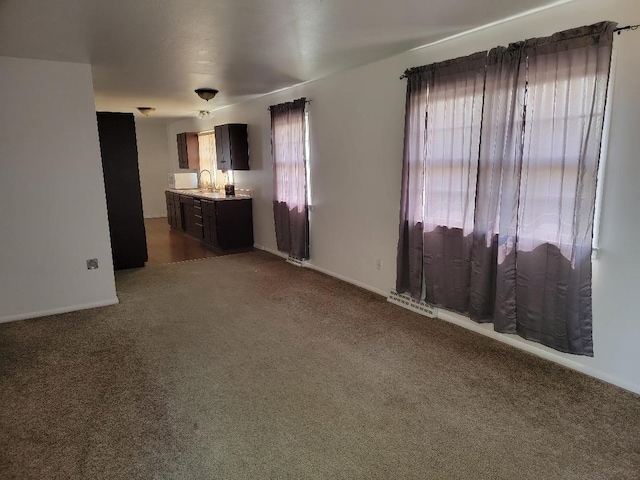 unfurnished living room with carpet floors and sink