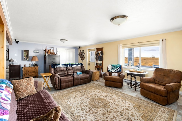 living room with ornamental molding and a baseboard heating unit