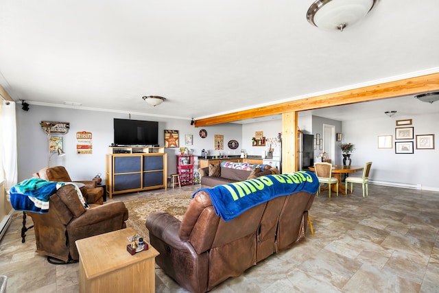 living room with crown molding