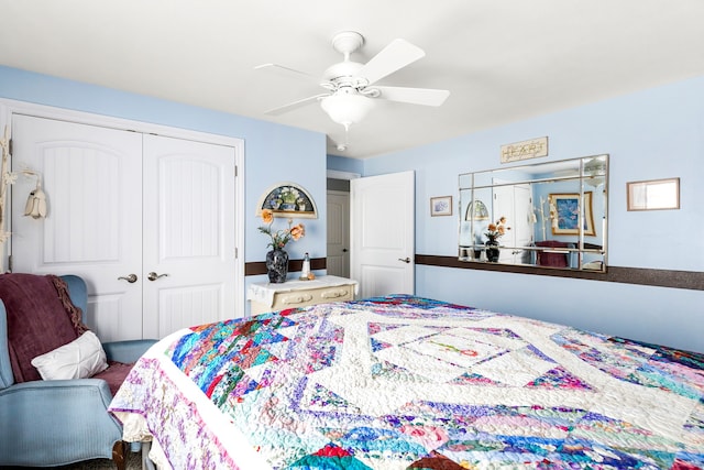 bedroom with ceiling fan and a closet