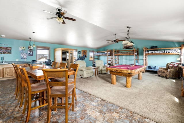 recreation room featuring ceiling fan, carpet, lofted ceiling, and pool table