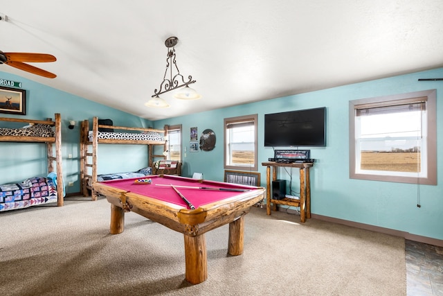 rec room featuring ceiling fan, lofted ceiling, carpet floors, and pool table